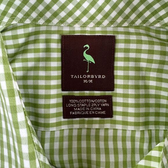 Tailorbyrd Shirt Mens Medium Green Gingham Plaid Flamingo Button Up* - Picture 4 of 12